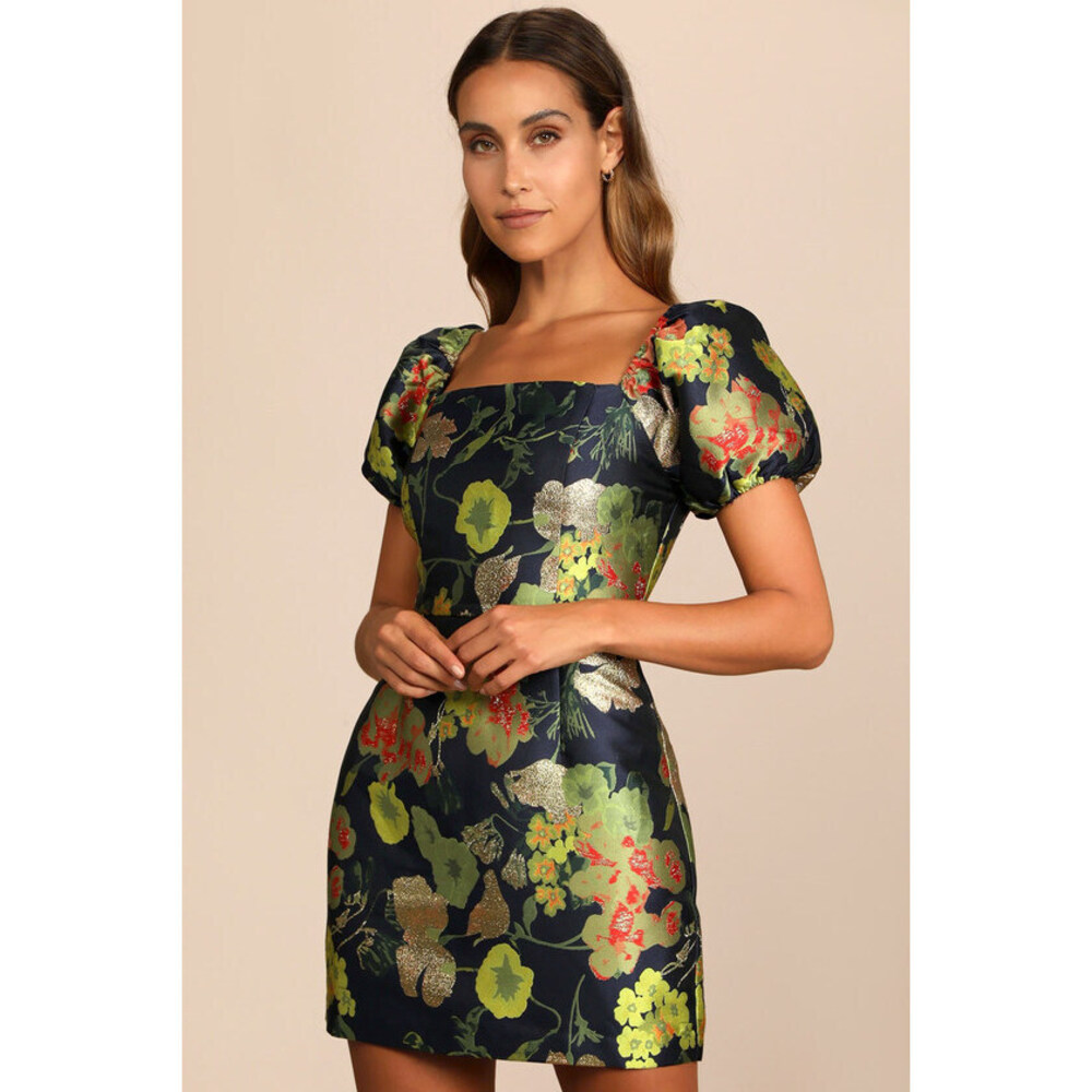 Lulus So Stunning Navy Blue Floral Jacquard Puff Sleeve Mini Dress - Size S